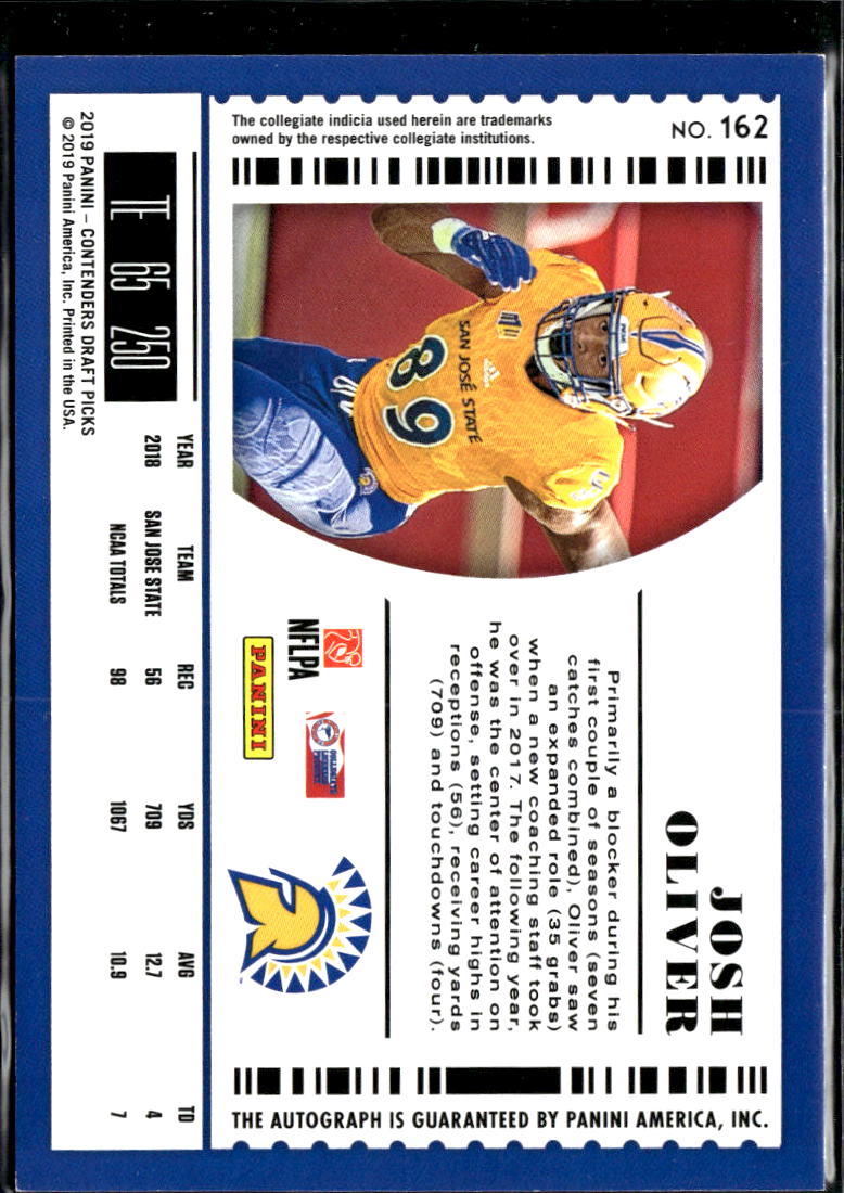 Josh Oliver 2019 Contenders Draft Auto Autograph RC San Jose State Spartans