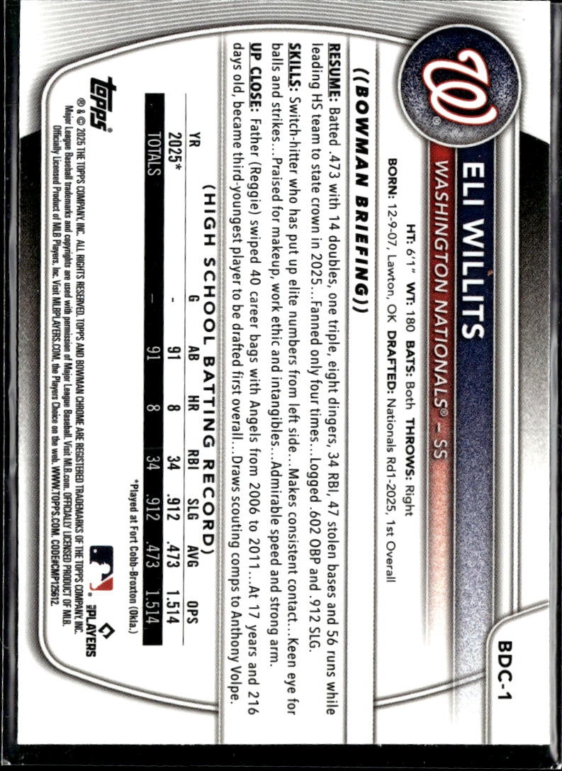 Eli Willits 2025 Bowman Chrome 1st Rookie RC Washington Nationals