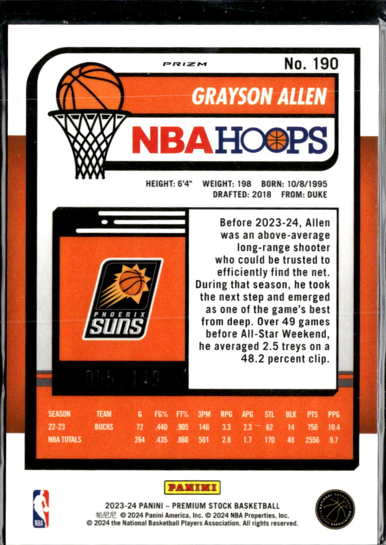 Grayson Allen 2024 NBA Hoops Premium Purple Ice 55/149 Phoenix Suns