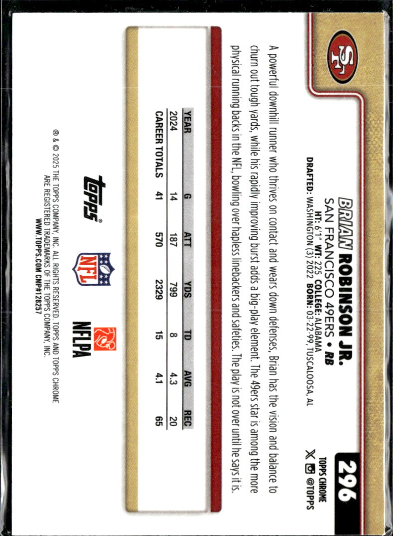 Brian Robinson Jr. 2025 Topps Chrome Neon Pulse Refractor San Francisco 49ers