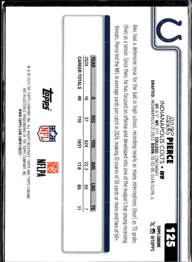 Alec Pierce 2025 Topps Chrome Neon Pulse Refractor Indianapolis Colts