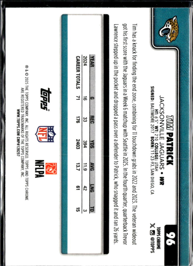 Tim Patrick 2025 Topps Chrome Neon Pulse Refractor Jacksonville Jaguars