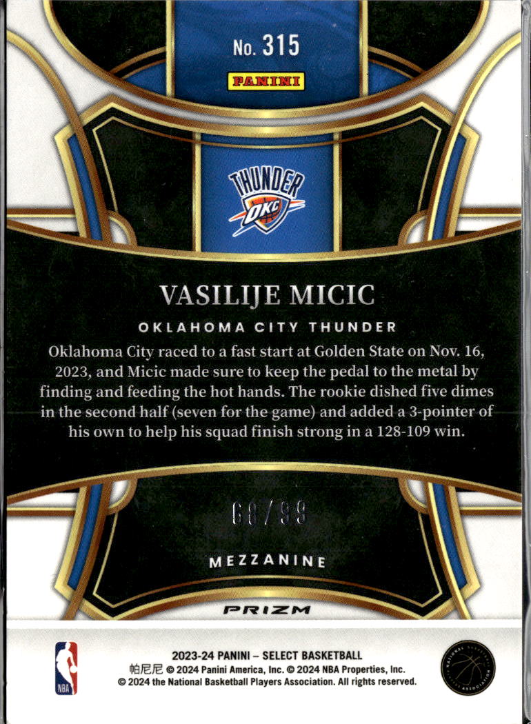 Vasilije Micic 2024 Select RC Blue Prizm Mezzanine 68/99 Oklahoma City Thunder