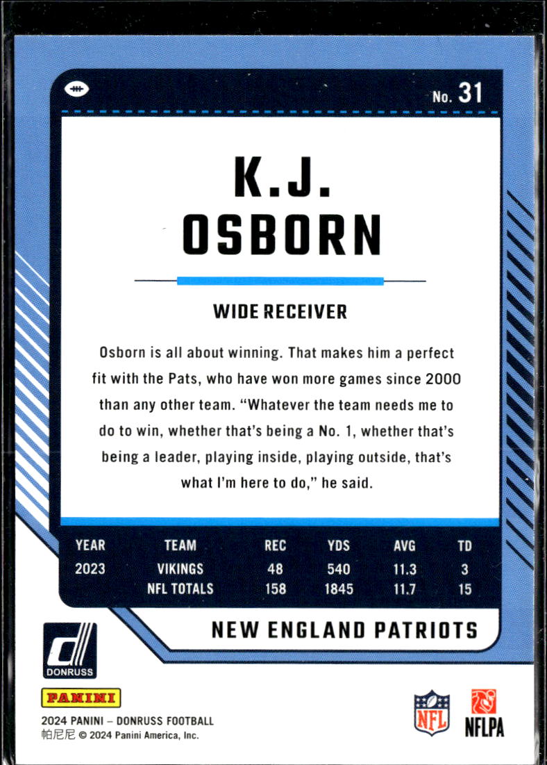 K.J. Osborn 2024 Donruss Gold Press Proof 12/50 Vikings Patriots