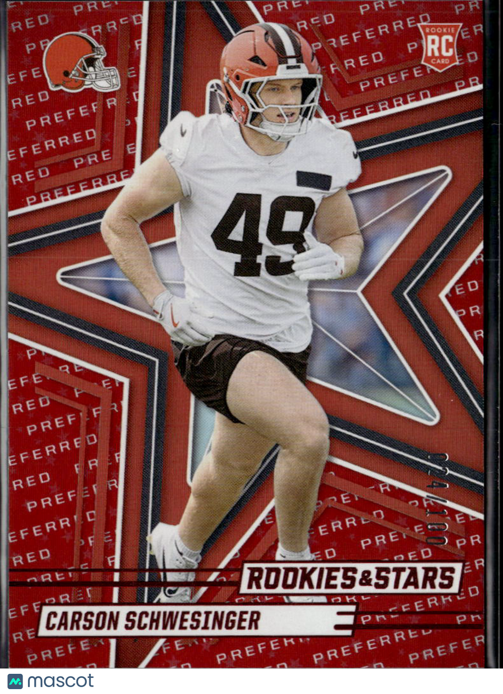 Carson Schwesinger 2025 Rookies & Stars RC Red Preferred 24/100 Cleveland Browns