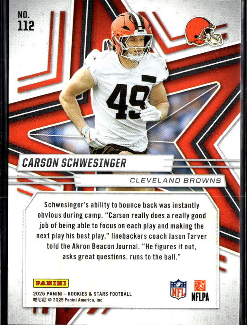 Carson Schwesinger 2025 Rookies & Stars RC Red Preferred 24/100 Cleveland Browns