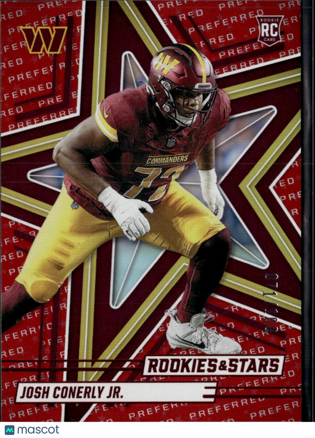Josh Conerly Jr. 2025 Rookies & Stars RC Red 71/100 Washington Commanders