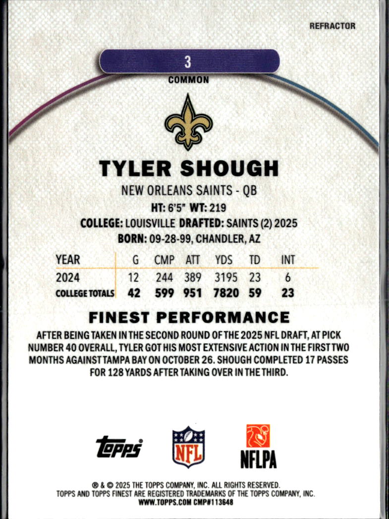 Tyler Shough 2025 Topps Finest Rookie RC Refractor New Orleans Saints