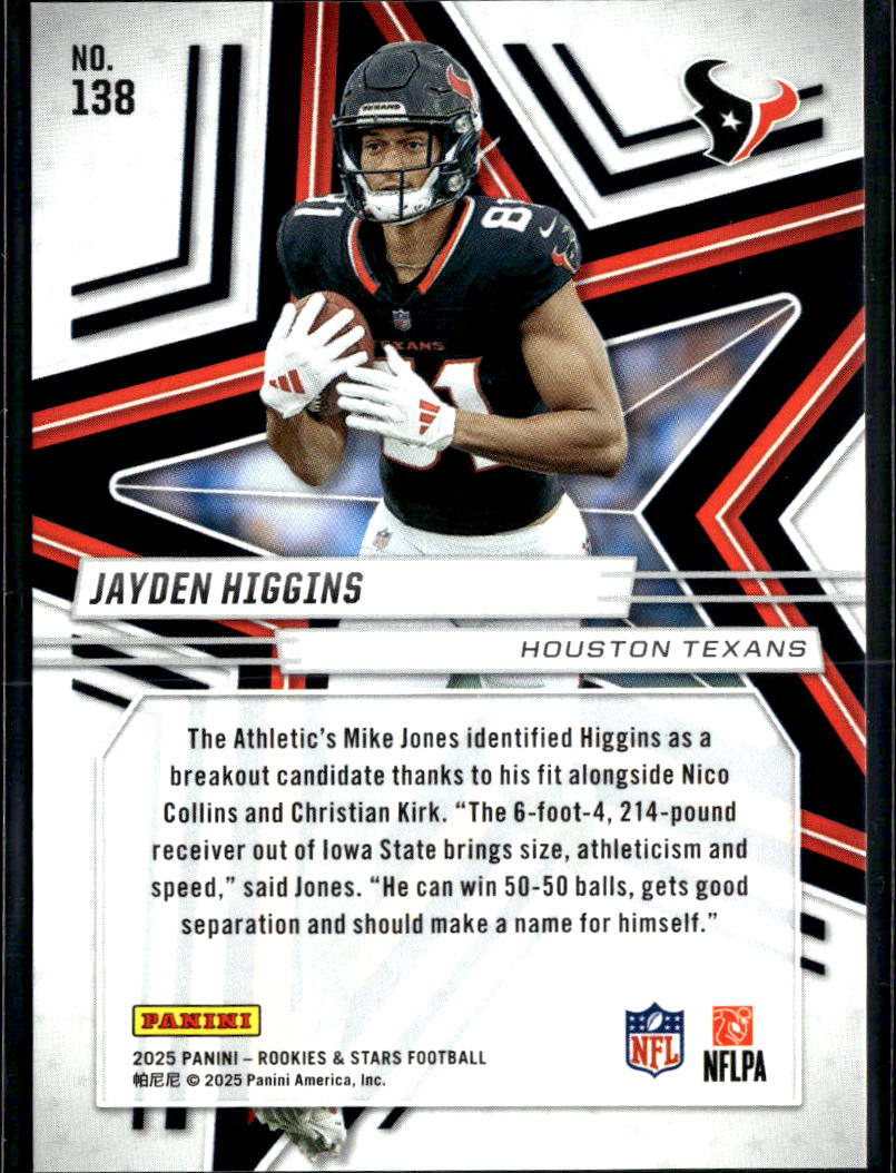 Jayden Higgins 2025 Rookies & Stars Red Rookie RC 6/100 Houston Texans