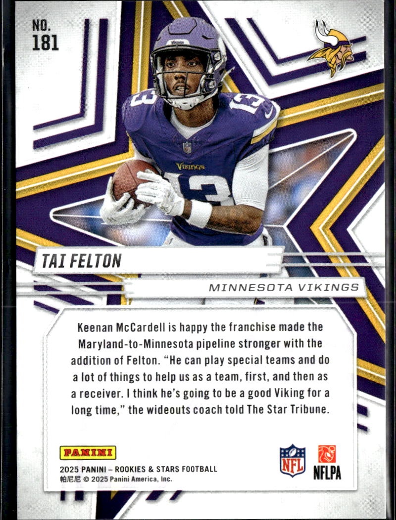 Tai Felton 2025 Panini Rookies & Stars RC Red 9/100 Minnesota Vikings