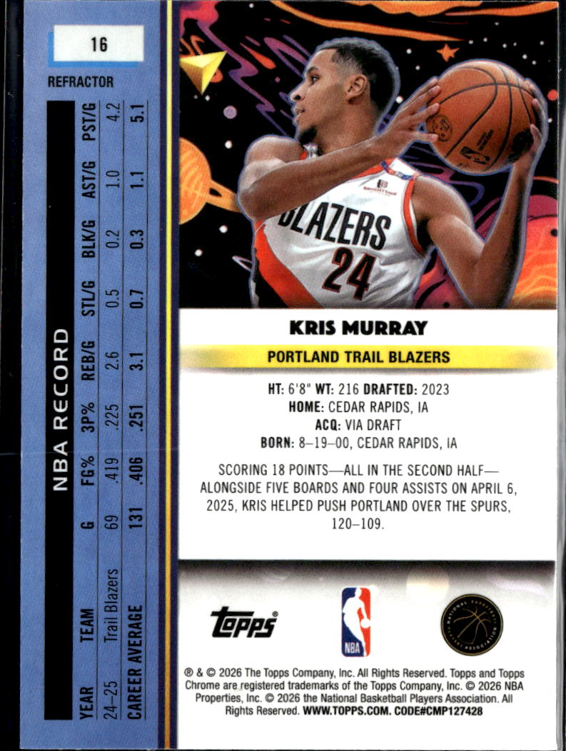 Kris Murray 2026 Topps Chrome Cosmic Refractor Portland Trail Blazers
