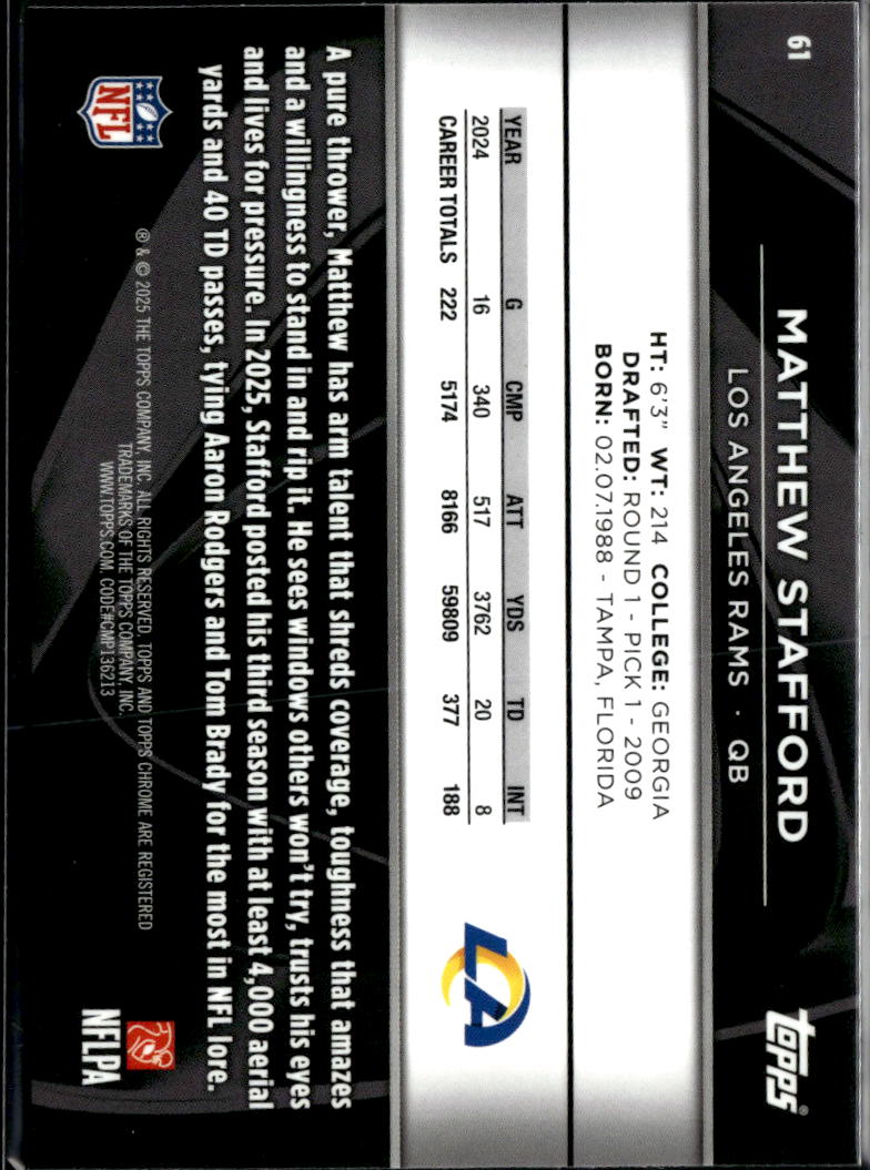 Matthew Stafford 2025 Topps Chrome Black #61 Los Angeles Rams