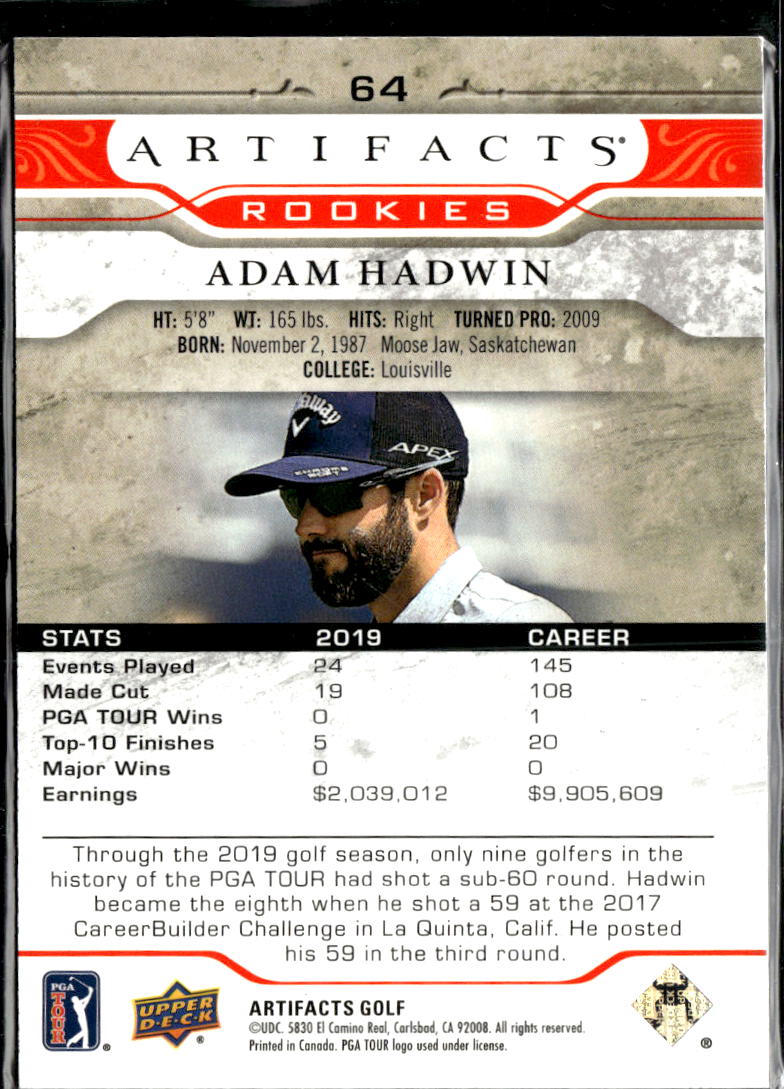 Adam Hadwin 2021 Upper Deck Artifacts Golf Rookie RC
