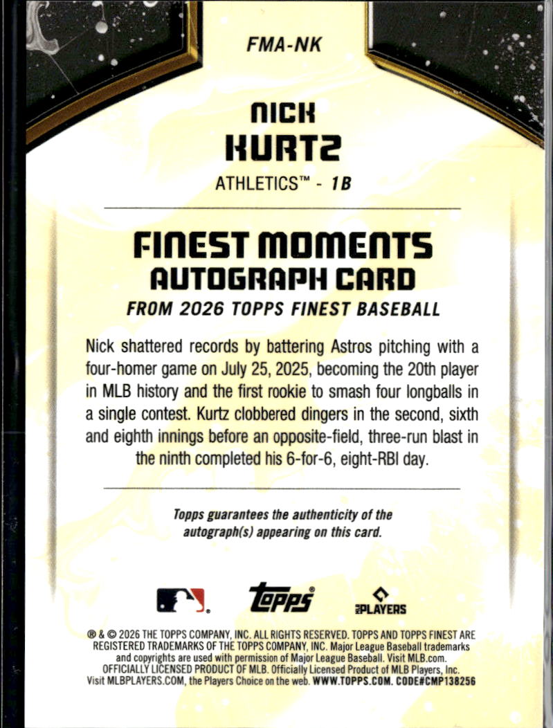 Nick Kurtz 2026 Topps Finest Moments Auto Autograph GOLD 16/50 Oakland Athletics