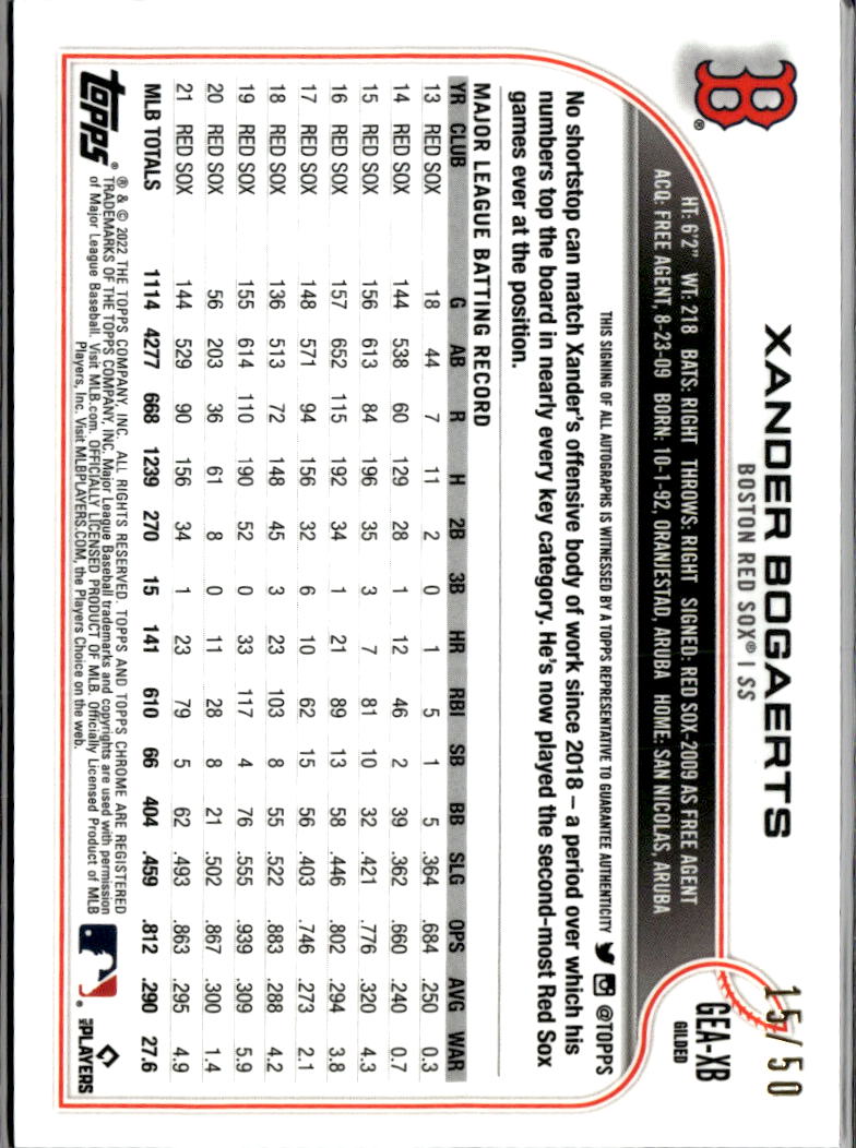 Xander Bogaerts 2022 Topps Chrome Gilded Auto Autograph 15/50 Boston Red Sox