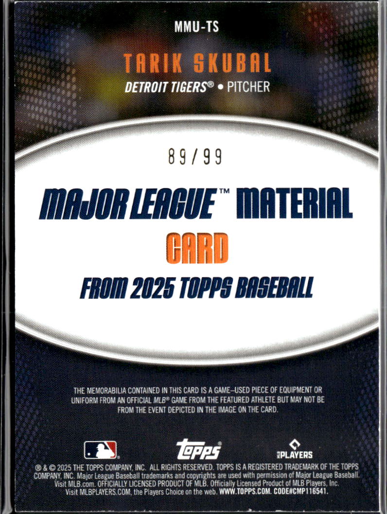 Tarik Skubal 2025 Topps Game Worn Jersey Patch 89/99 Detroit Tigers