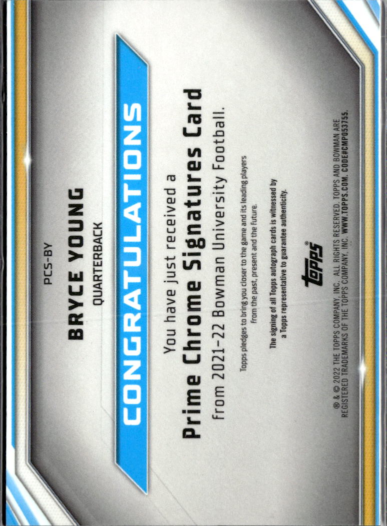 Bryce Young 2021 Bowman Chrome Prime Auto Autograph RC 8/50 Alabama Panthers