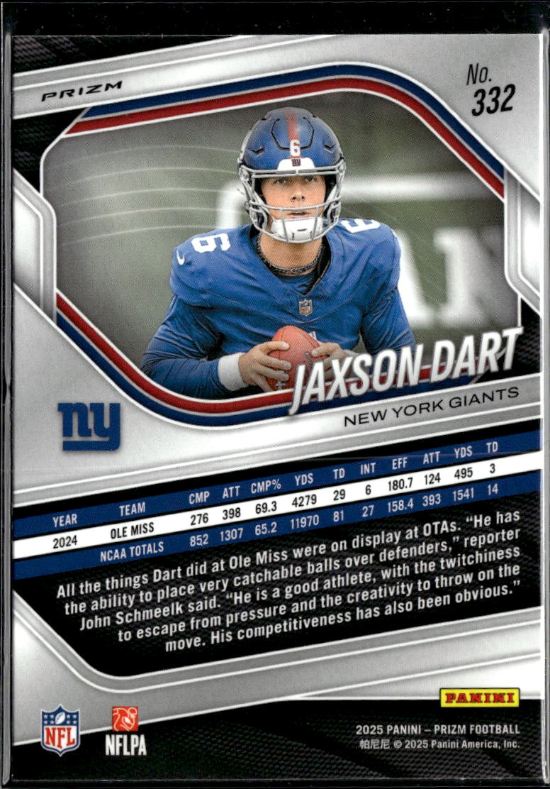 Jaxson Dart 2025 Panini Prizm RC Green Pulsar Rookie #332 New York Giants