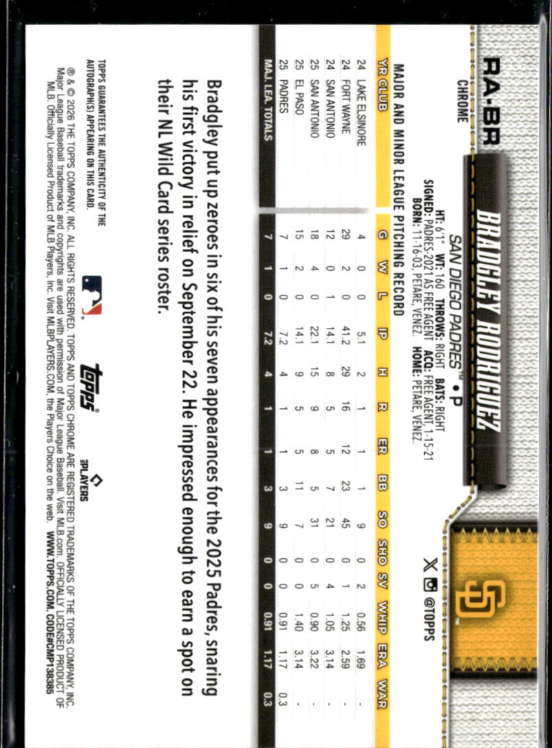 Bradgley Rodriguez 2026 Topps Chrome Auto Autograph RC 30/75 San Diego Padres