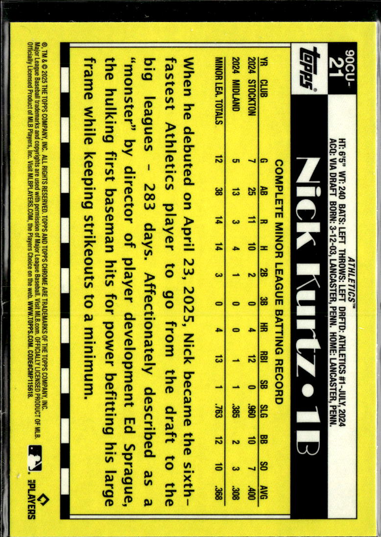 Nick Kurtz 2025 Topps Chrome '90 Rookie RC Oakland Athletics