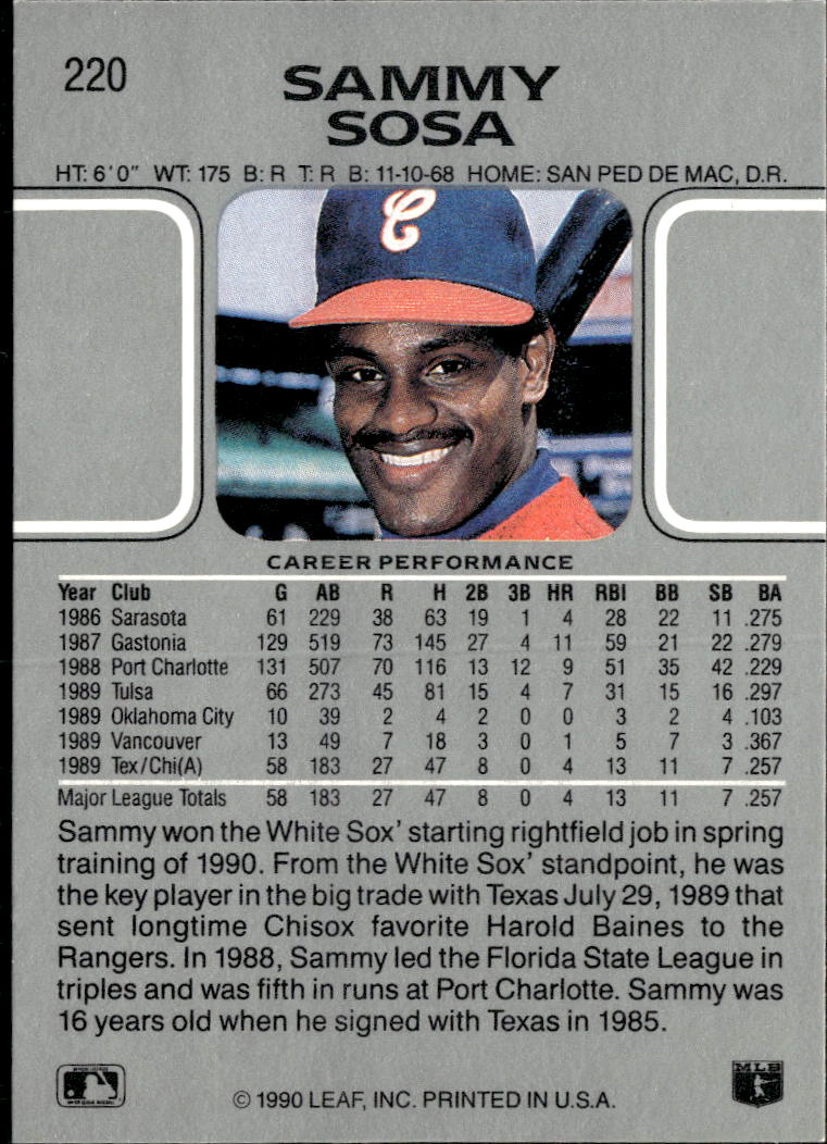 Sammy Sosa 1990 Leaf Rookie RC Chicago White Sox