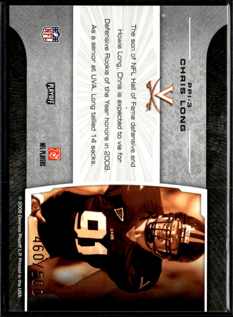 Chris Long 2008 Prestige Prestigious Picks RC /500 Virginia Cavaliers