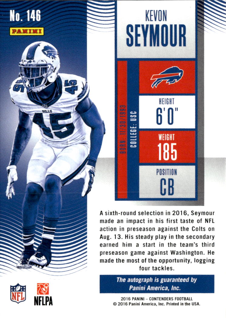 Kevon Seymour 2016 Contenders Auto Autograph RC Buffalo Bills