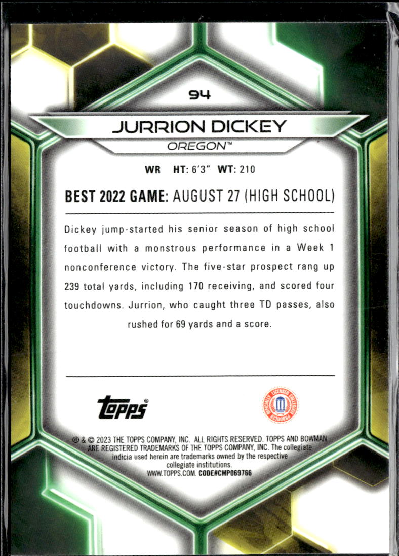 Jurrion Dickey 2023 Bowman's Best Green Refractor /99 Oregon Ducks