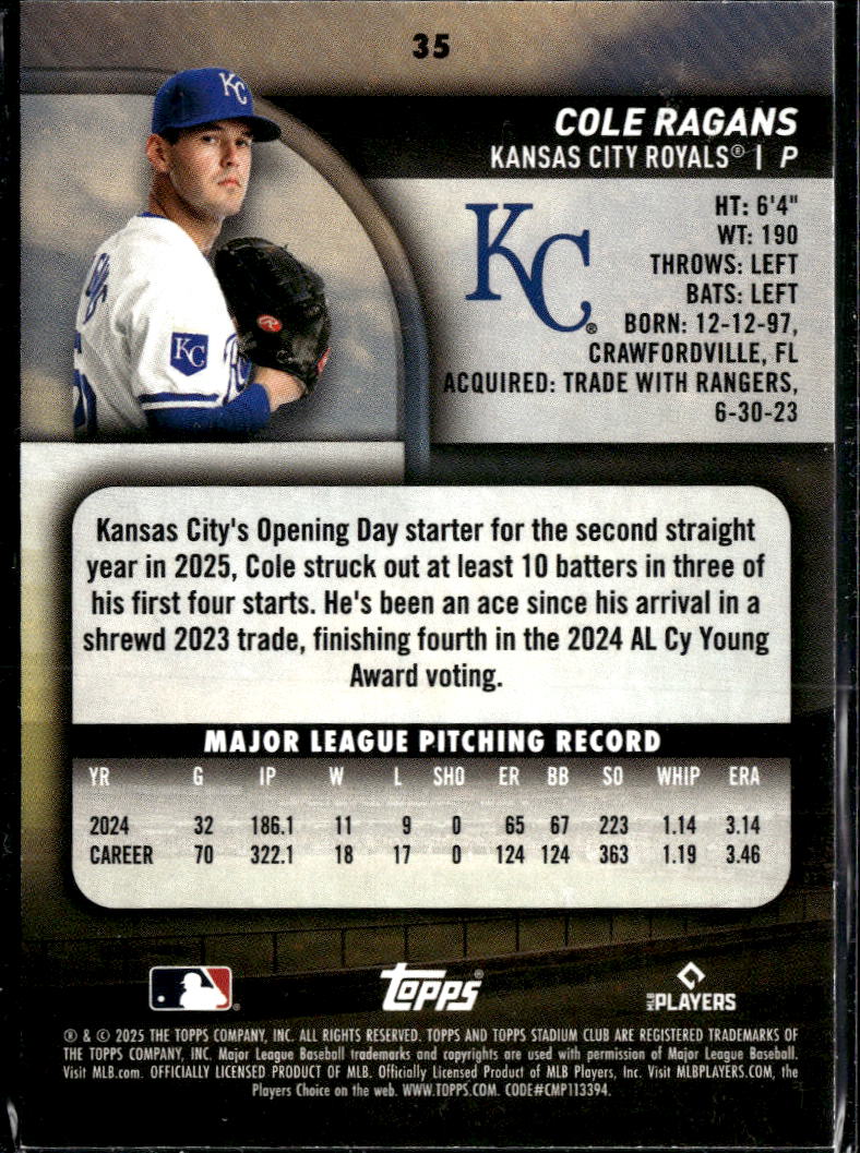 Cole Ragans 2025 Topps Stadium Club Blue Foil SSP Kansas City Royals