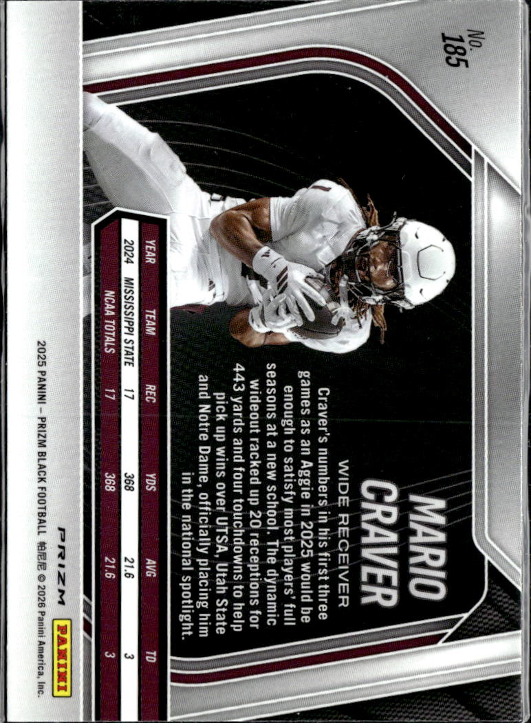 Mario Craver 2025 Prizm Black Silver Prizm Rookie RC Mississippi State Bulldogs