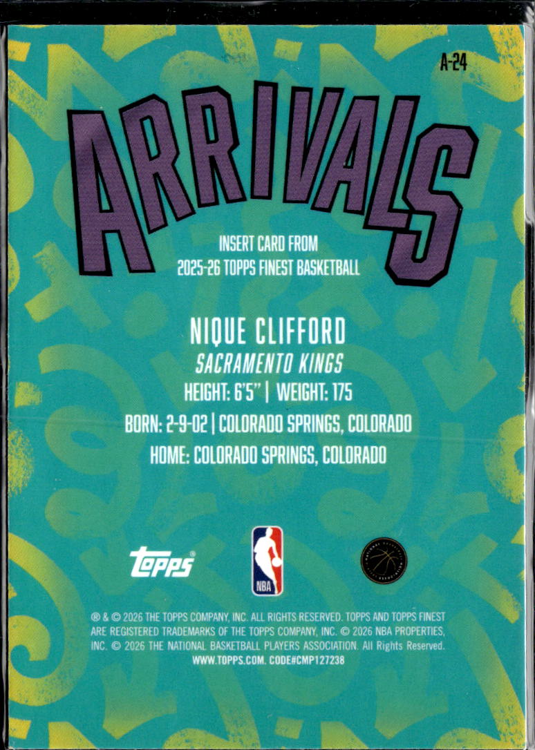 Nique Clifford 2026 Topps Finest Arrivals XFractor Rookie RC Sacramento Kings