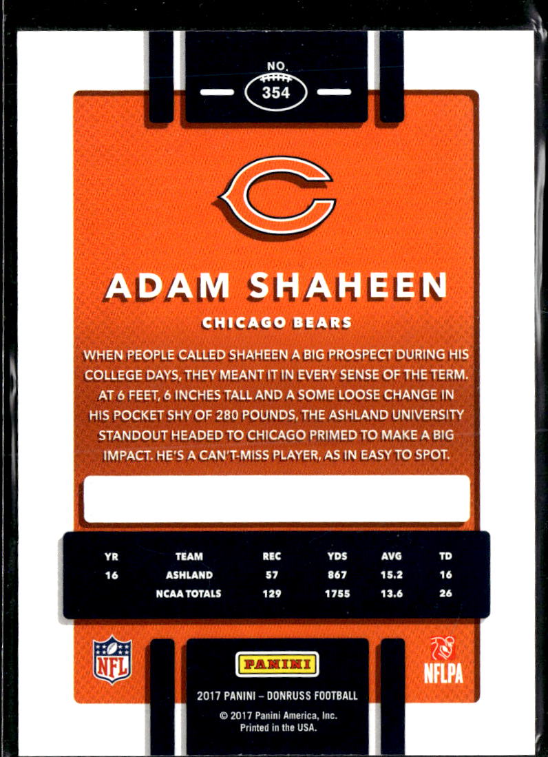 Adam Shaheen 2017 Donruss Orange Jersey Number RC 30/87 Chicago Bears