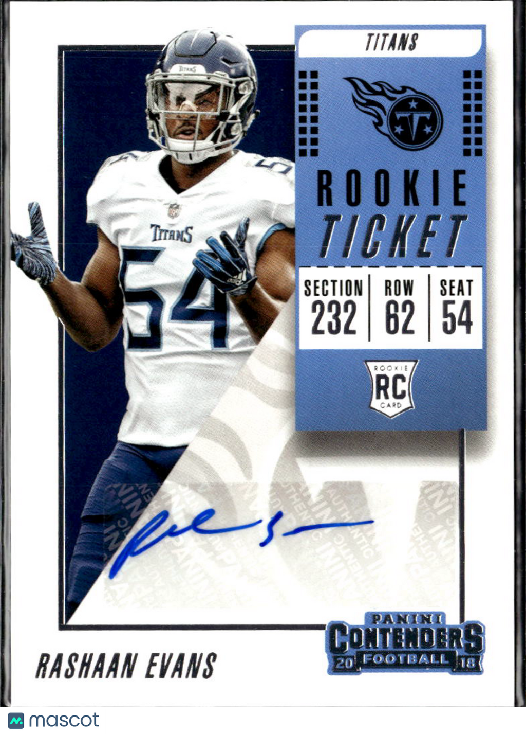 Rashaan Evans 2018 Contenders Auto Autograph RC Tennessee Titans