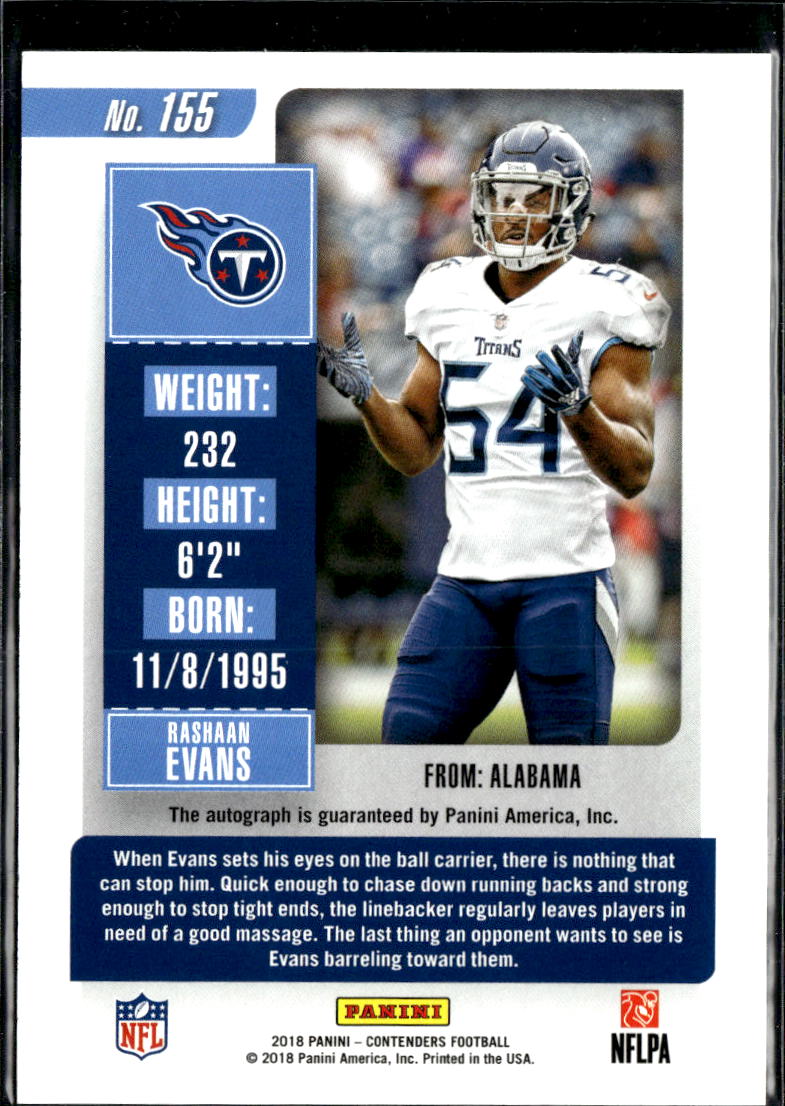 Rashaan Evans 2018 Contenders Auto Autograph RC Tennessee Titans