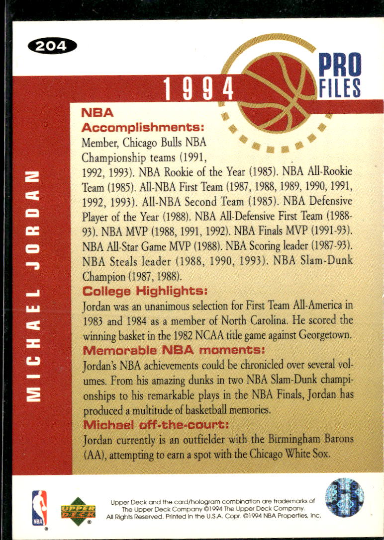 Michael Jordan 1994 Upper Deck Collector's Choice Pro Files Chicago Bulls