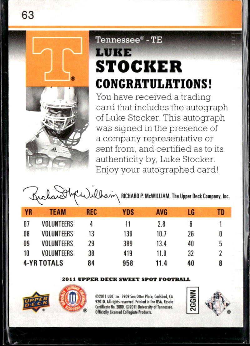 Luke Stocker 2011 Upper Deck Sweet Spot Auto Autograph RC Tennessee Volunteers