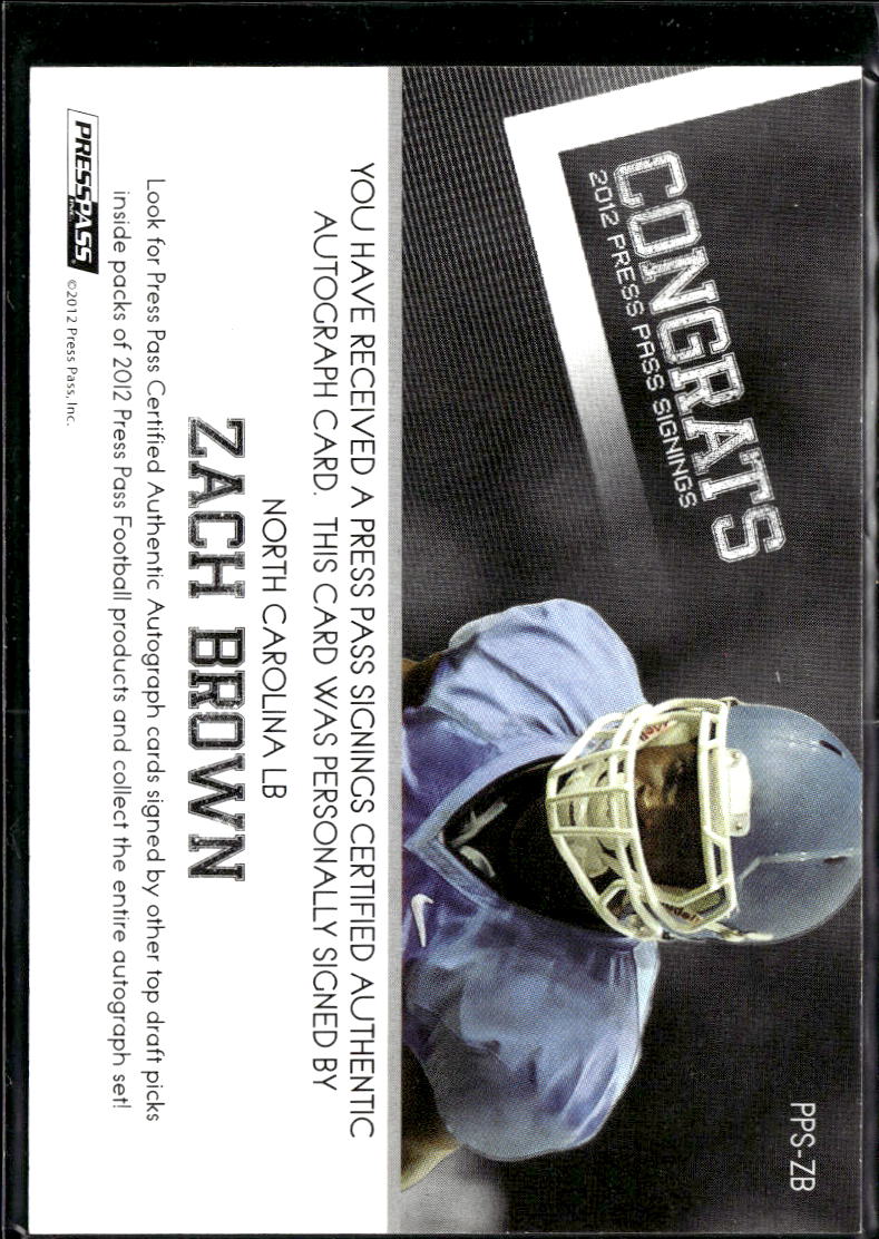 Zach Brown 2012 Press Pass Auto Autograph RC North Carolina Tar Heels