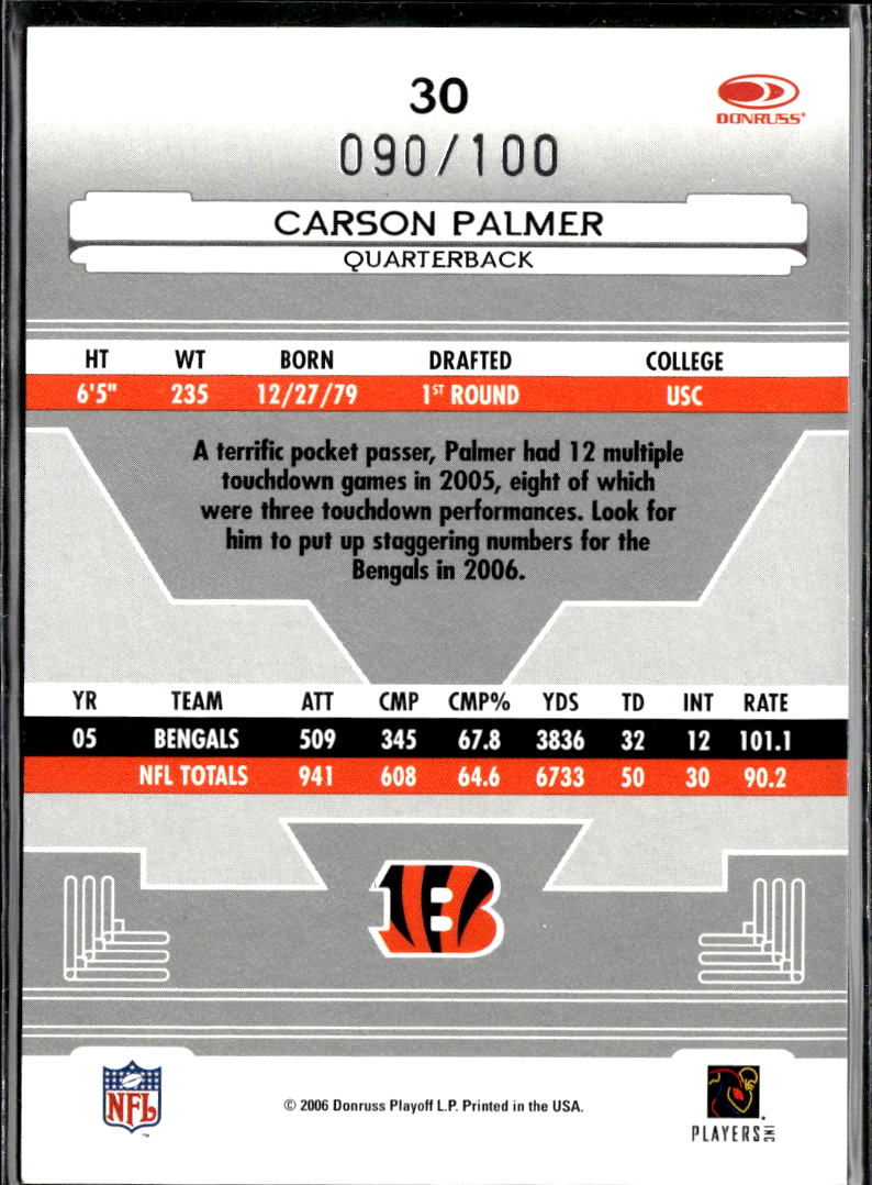 Carson Palmer 2006 Leaf Certified Materials Red Mirror /100 Cincinnati Bengals
