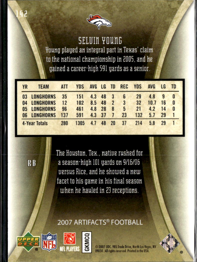 Selvin Young 2007 Upper Deck Artifacts RC 29/99 Denver Broncos