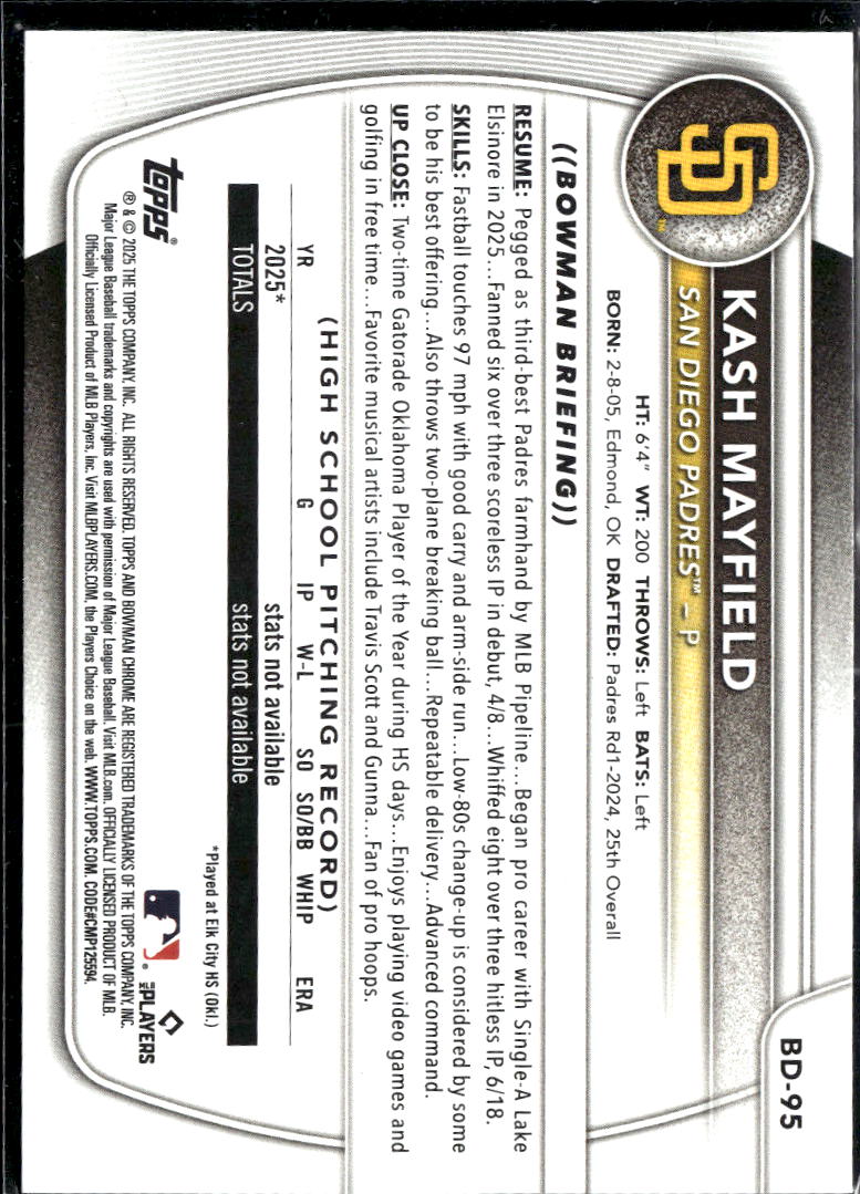 Kash Mayfield 2025 Bowman Draft Blue Border /150 San Diego Padres
