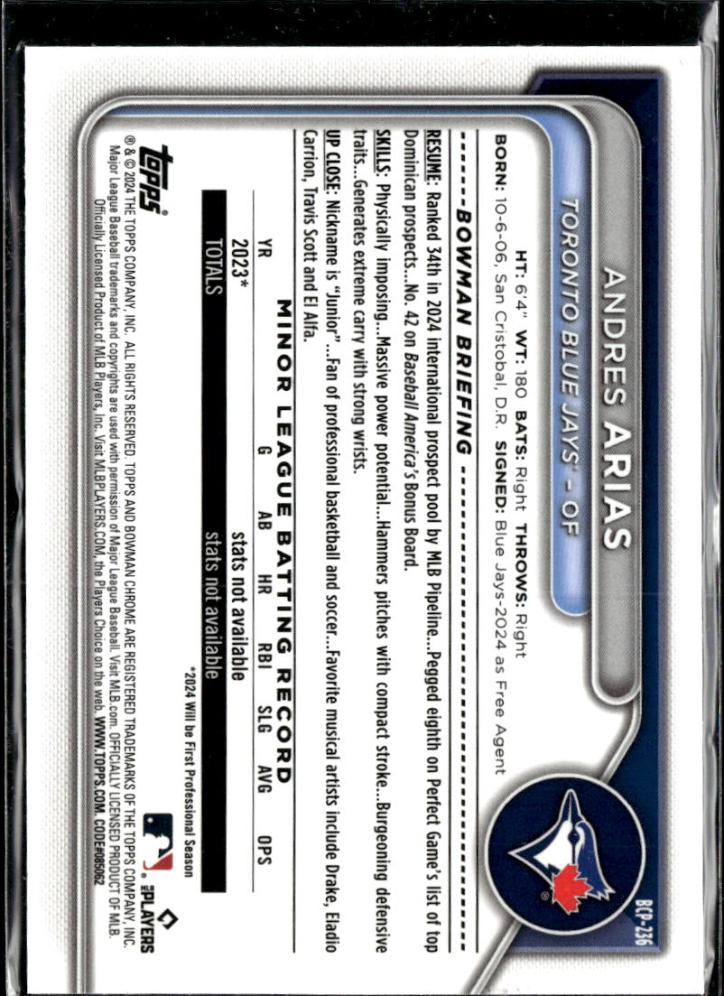 Andres Arias 2024 Bowman Chrome 1st Fuchsia Refractor /199 Toronto Blue Jays