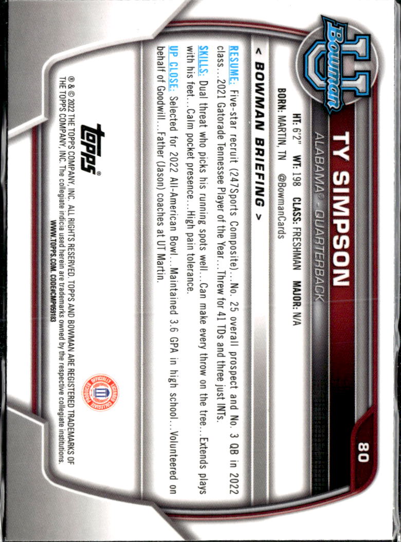 Ty Simpson 2022 Bowman Chrome 1st RC Alabama Crimson Tide