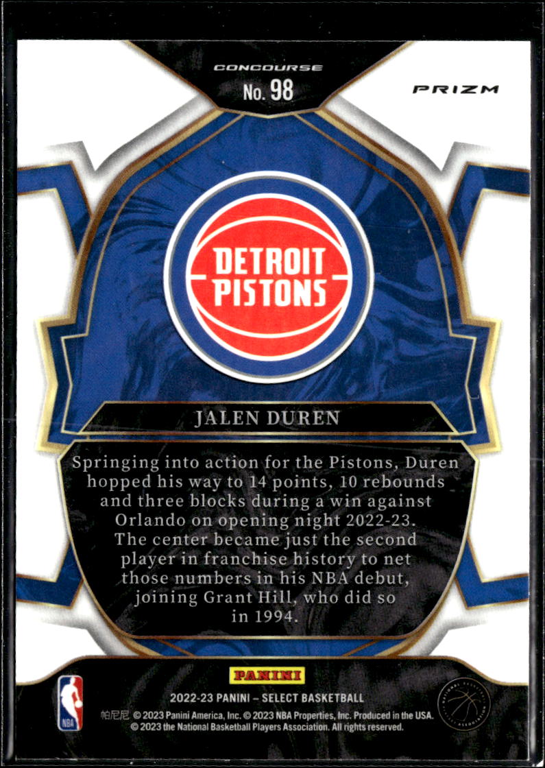 Jalen Duren 2023 Select RC Rookie Orange Prizm Detroit Pistons