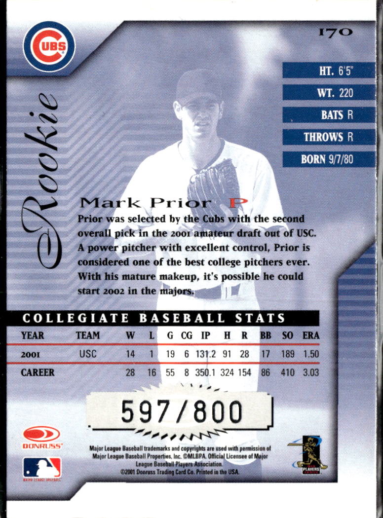 Mark Prior 2001 Donruss Signature Series 597/800 Chicago Cubs