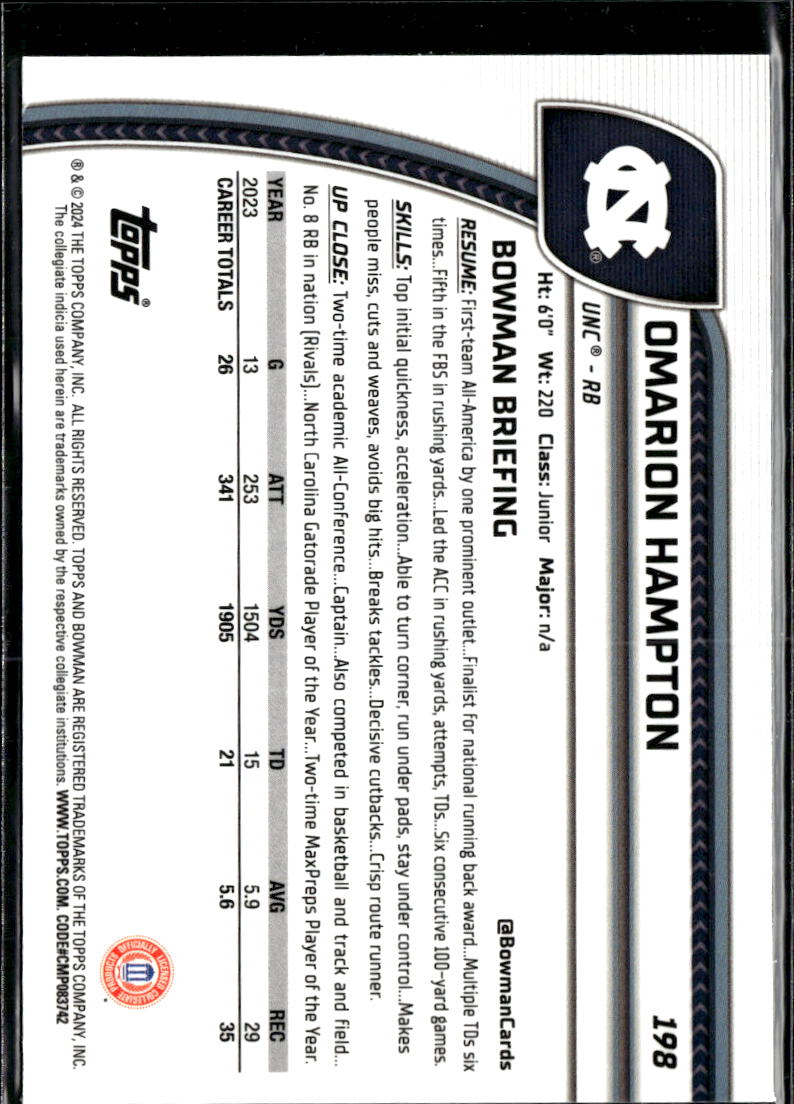 Omarion Hampton 2024 Bowman Chrome 1st Blue Sapphire Refractor North Carolina