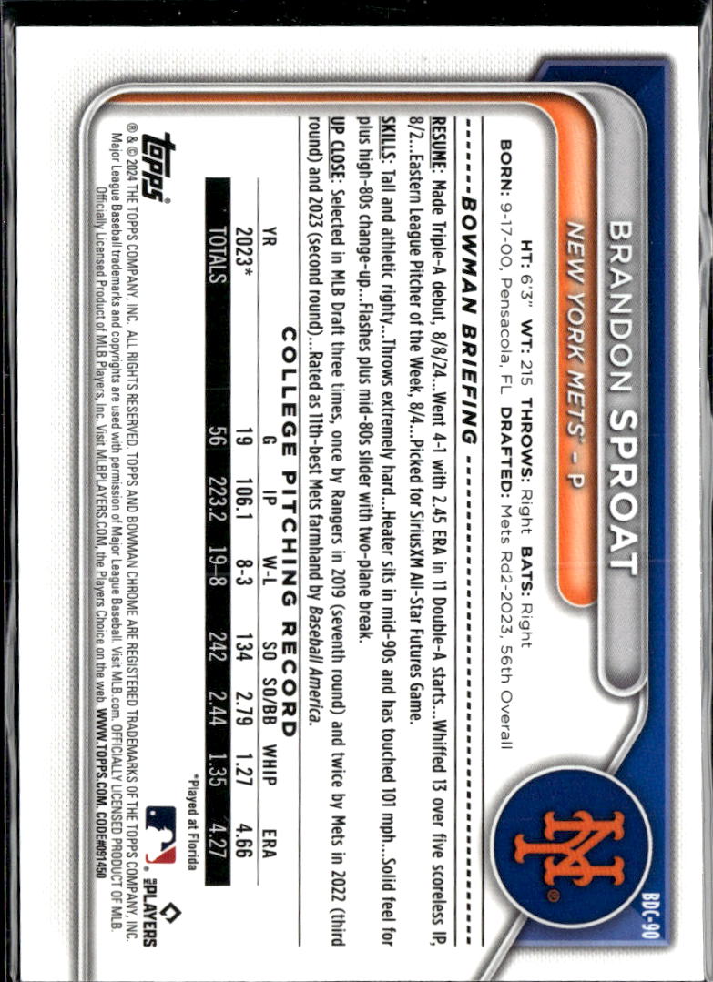 Brandon Sproat 2024 Bowman Chrome Sapphire New York Mets