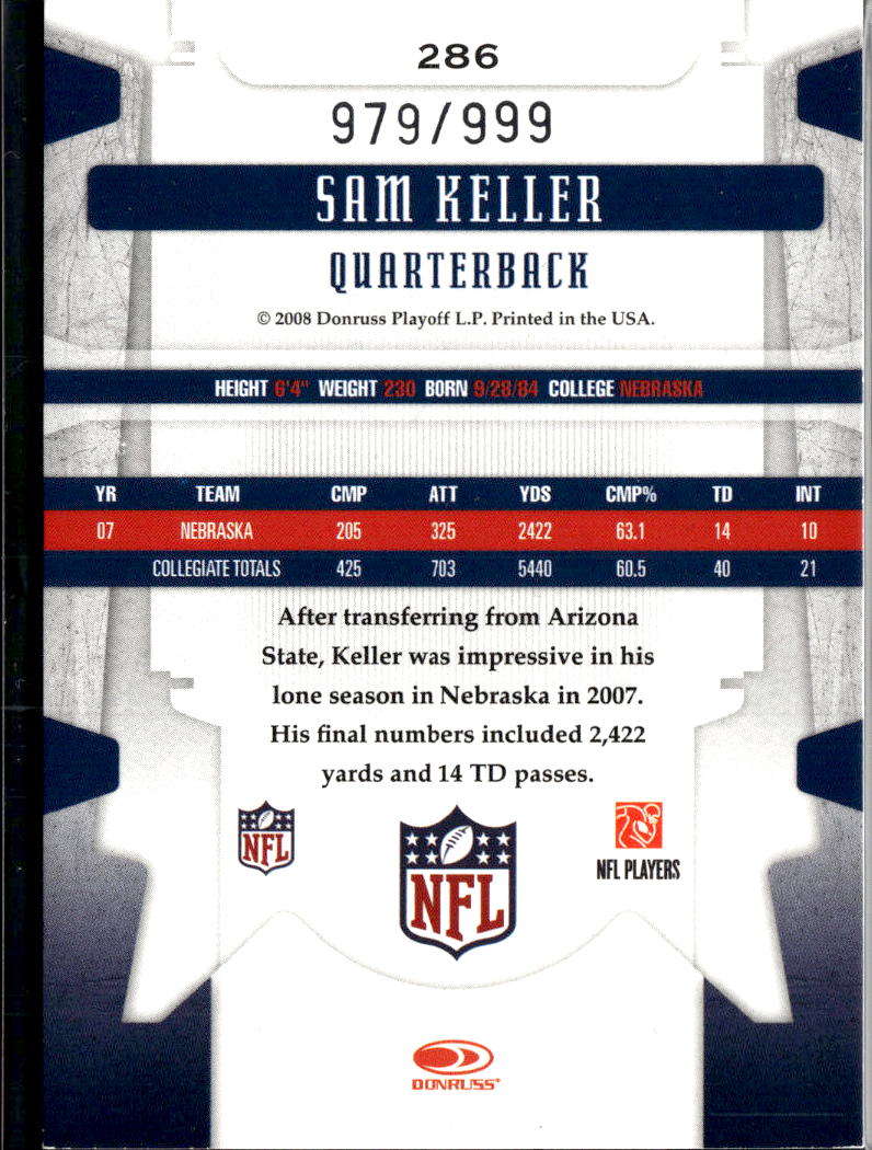 Sam Keller 2008 Donruss Leaf Limited Phenom RC /999 Nebraska Cornhuskers