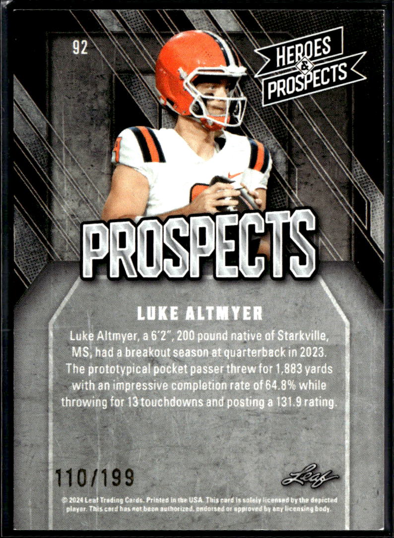Luke Altmyer 2024 Leaf Heroes & Prospects Rookie RC Illinois /199