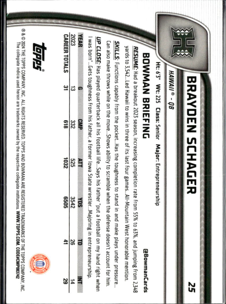 Brayden Schager 2024 Bowman Chrome 1st Purple /375 Hawaii Rainbow Warriors