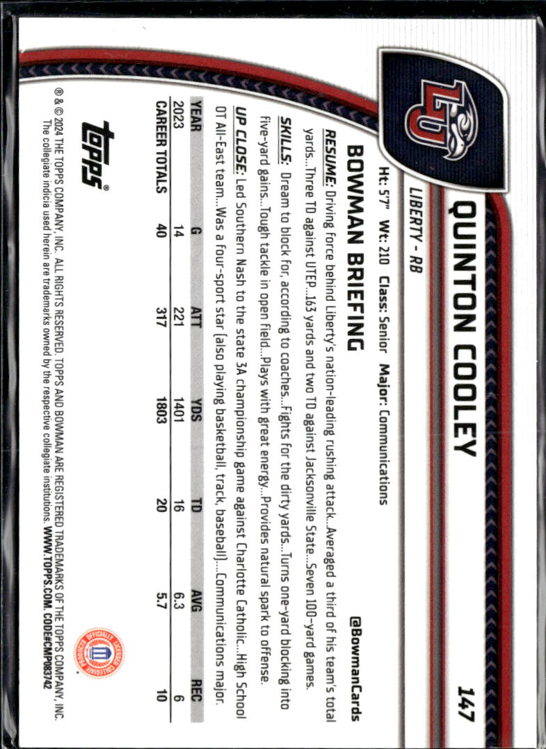 Quinton Cooley 2024 Bowman Chrome 1st Pink /150 Liberty Flames